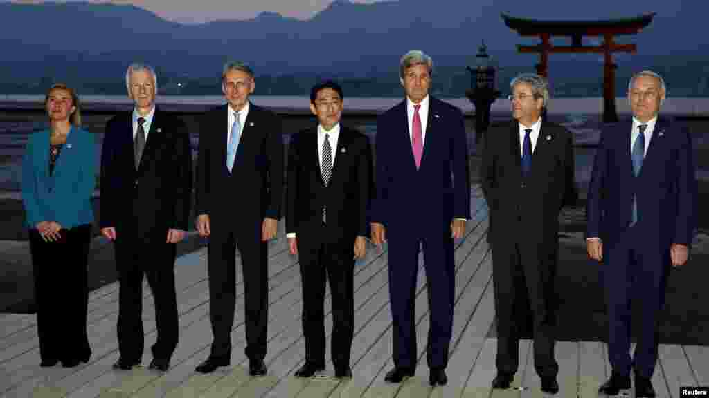 From left, E.U. High Representative for Foreign Affairs Federica Mogherini, and foreign ministers from Canada, Stephane Dion; Britain, Philip Hammond; Japan, Fumio Kishida, U.S. Secretary of State John Kerry; Italy, Paolo Gentiloni, and France&nbsp;Jean-Marc Ayrault at the Itsukushima Shrine, Miyajima Island, Japan, April 10, 2016.
