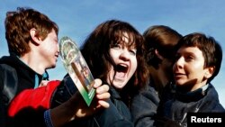 Gay rights activist shouts during protest, St. Petersburg, Oct. 12, 2013.