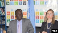 U.N. Special Rapporteur Clement Voule, left, addresses reporters in Harare, Sept. 27, 2019. (C. Mavhunga/VOA)