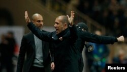 L'entraîneur de Monaco Leonardo Jardim fête la victoire de son équipe face à Manchester, le 15 mars 2017.