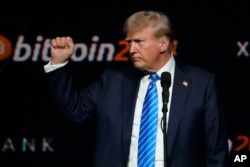 Presiden Donald Trump, berpidato di Konferensi Bitcoin 2024 pada 27 Juli 2024, di Nashville, Tennesse. (Foto: AP)