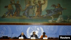 FILE - (L-R) Francoise Hampson, Fatsah Ouguergouz and Reine Alapini Gansou, members of the UN Commission of inquiry on Burundi attend a news conference at the United Nations Office in Geneva, Sept. 4, 2017.