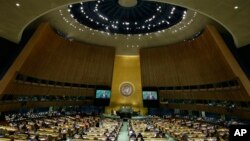 FILE - The 73rd session of the United Nations General Assembly is seen at the United Nations headquarters, Sept. 27, 2018.