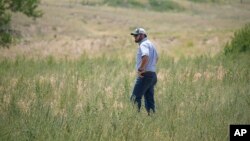 Cole Gustafson, a water resource administrator for the city of Greeley walks in a meadow to find a well head on the Terry Bison Ranch near Carr, Colorado. (AP Photo/David Zalubowski)