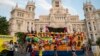 FILE - Mexican Zapatistas move on a top of a boat in front of the city hall in Madrid, Spain, Aug. 13, 2021, marking for the 500th anniversary of the Spanish conquest of Mexico.