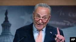 FILE - Senate Democratic Minority Leader Chuck Schumer talks to reporters at the Capitol in Washington, Aug. 1, 2019. 