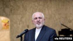 FILE - Iran's Foreign Minister Mohammad Javad Zarif speaks at the presidential palace in Baabda, Lebanon, Aug. 14, 2020. (Dalati Nohra/Handout via Reuters)