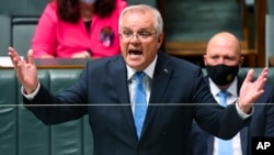 Australian Prime Minister Scott Morrison speaks during Question Time in Parliament House in Canberra, Oct. 19, 2021.