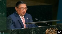 Myanmar's Foreign Affairs Minister Wunna Maung Lwin addresses the 70th session of the United Nations General Assembly at U.N. headquarters on Friday, Oct. 2, 2015. (AP Photo/Craig Ruttle)