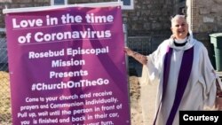 Undated photo of the Rev. Lauren Stanley, standing outside Trinity Episcopal Church, Mission, S.D.  (Courtesy, the Rev. Lauren Stanley)