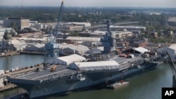 FILE - USS Gerald R. Ford is stationed at Newport News Shipbuilding in Newport News, Virginia, April 27, 2016. 