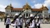 Soldiers are seen during a changing of the guard inside the Grand Palace days before the King's coronation in Bangkok, Thailand Apr. 30, 2019. 