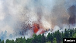 Lava and smoke rise following the eruption of a volcano in the Cumbre Vieja national park at El Paso, on the Canary Island of La Palma, September 19, 2021. 