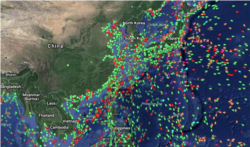선박 추적 사이트 '마린 트래픽'에 나타난 AIS 신호 표시. 녹색, 적색 등 각 각의 화살표가 개별 선박에서 내보내는 AIS 신호를 의미한다. 선박의 종류와 위치 등의 정보를 담고 있다.