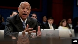 Former Homeland Security Secretary Jeh Johnson testifies to the House Intelligence Committee task force on Capitol Hill in Washington, June 21, 2017, as part of the Russia investigation. 