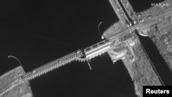 卫星图显示横跨乌克兰第聂伯河的新卡霍夫卡大坝 （2022年2月26日）