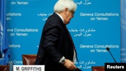 U.N. envoy Martin Griffiths leaves after a news conference on Yemen talks at the United Nations in Geneva, Switzerland, Sept. 8, 2018.