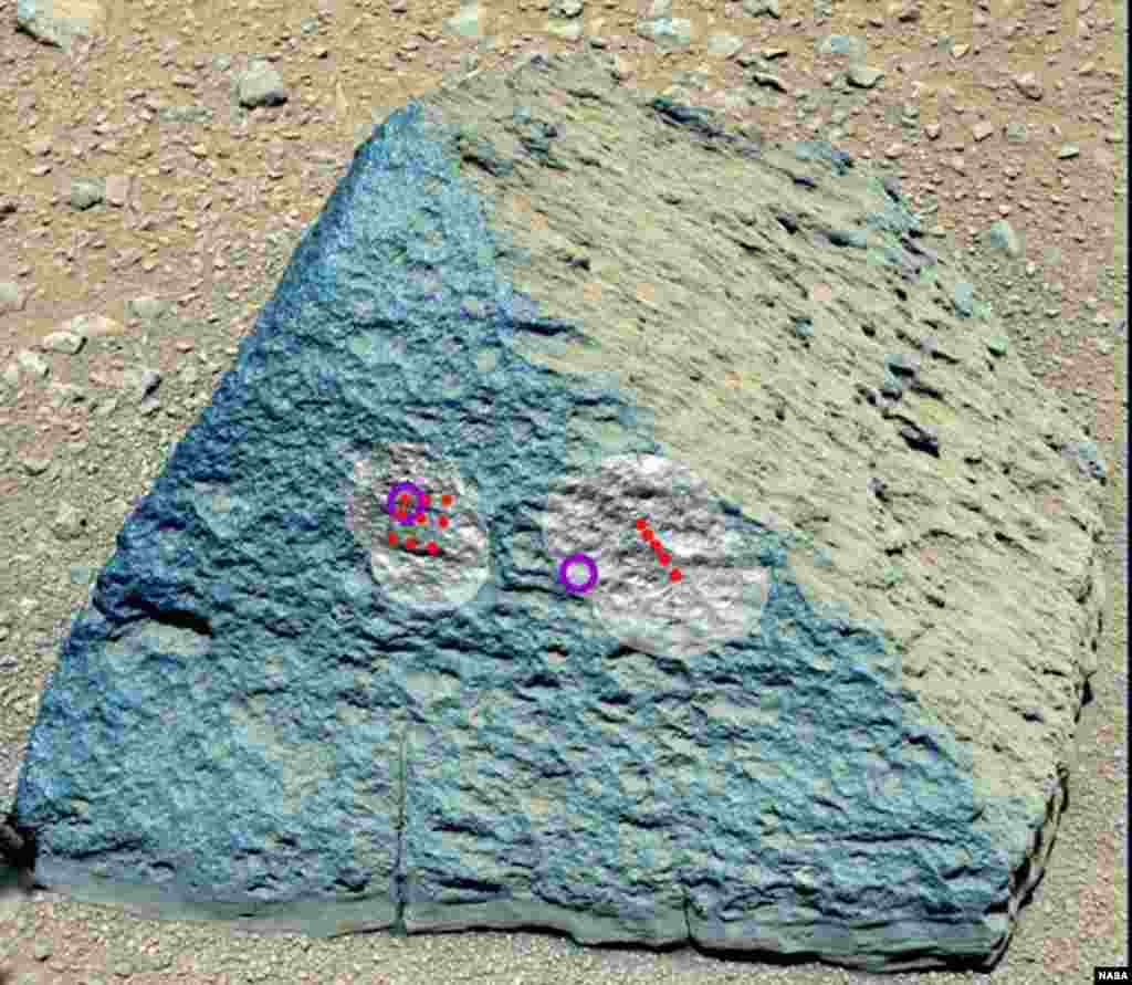 This image shows where NASA's Curiosity rover aimed two different instruments to study a rock known as "Jake Matijevic." (NASA/JPL-Caltech/MSSS)