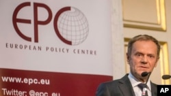 European Union Council President Donald Tusk speaks during a conference 'EU at 60: Unity or Polarization' in Brussels, Oct. 13, 2016.