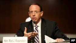 Former Deputy Attorney General Rod Rosenstein testifies before a Senate Judiciary Committee hearing on Capitol Hill in Washington, June 3, 2020. 