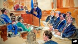Courtroom sketch depicts Paul Manafort, seated right row second from right, together with his lawyers, the jury, seated left, listening to Assistant U.S. Attorney Uzo Asonye, standing, during opening arguments in the trial of President Donald Trump's former campaign chairman on tax evasion and bank fraud charges, July 31, 2018.