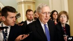 Senate Majority Leader Mitch McConnell of Ky., speaks with reporters on Capitol Hill in Washington, Dec. 19, 2019.