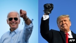 (COMBO) This combination of file pictures created on October 30, 2020 shows Democratic Presidential candidate Joe Biden in Coconut Creek, Florida, on October 29, 2020; and US President Donald Trump arrives to a campaign rally in Green Bay, Wisconsin on Oc