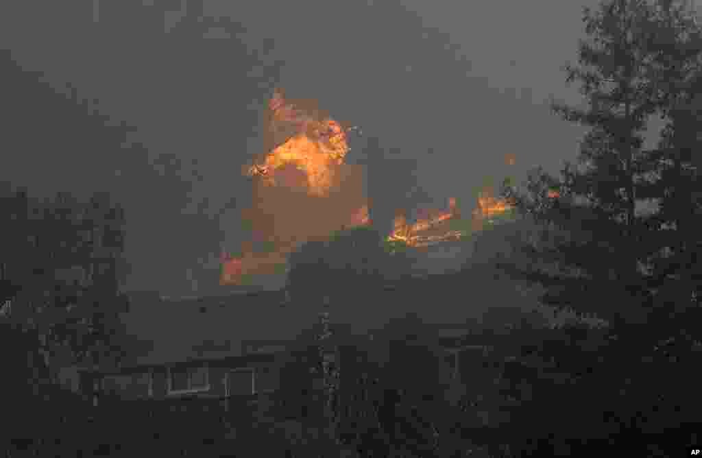 A tree catches fire near houses in the Oakmont area of Santa Rosa, California, Oct. 10, 2017. 