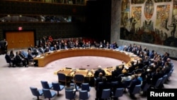 지난 8일 뉴욕 유엔본부에서 열린 안전보장이사회 회의에서 이사국 대표들이 표결하고 있다. (자료사진)