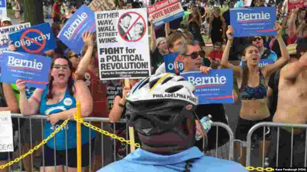 Police block Bernie Sanders supporters outside the site of the DNC convention in Philadelphia.