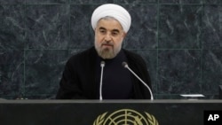 Presiden Iran Hassan Rouhani memberikan pidato di depan Majelis Umum PBB hari Selasa sore (24/9). 