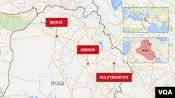Map of Sulaymaniyah, Kirkuk and Mosul in Iraq.