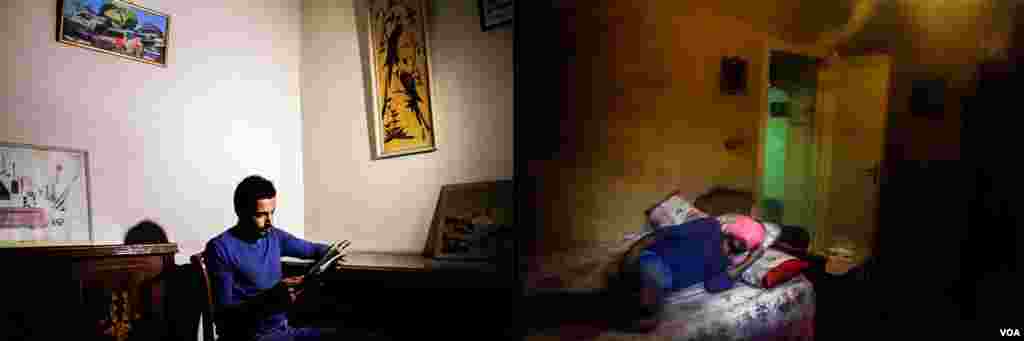 Bakr Atef, left, looks at a picture of his father and brother with an official arrest document in the background. &ldquo;I told prosecutors that they stole money from our house and kidnapped my father and my brother. Police officials showed us a document that accuses them of taking part in Islamic State activities in August 2015, long after they were detained.&quot; Atef, right, is in his father&rsquo;s store. &ldquo;I&rsquo;m now responsible here. The store is our only source of income,&rdquo; Cairo, Aug. 29, 2017. (H. Elrasam/VOA)