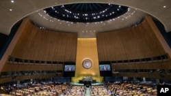 Myanmar's Minister of the Office of the State Counsellor Kyaw Tint Swe addresses the 74th session of the United Nations General Assembly at the U.N. headquarters Saturday, Sept. 28, 2019. (AP Photo/Jeenah Moon)