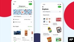 កម្មវិធី​បញ្ជា​ទិញ​ទំនិញ​របស់​ក្រុមហ៊ុន Walgreens Instacart នៅលើ​អេក្រង់​ទូរស័ព្ទ​ទំនើប​ពីរគ្រឿង។