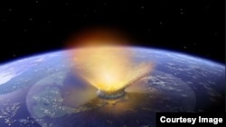 Artist's creation of the event involving an asteroid impact that scientists believe happened on Earth 65 million years ago. (Credit: NASA/Don Davis)