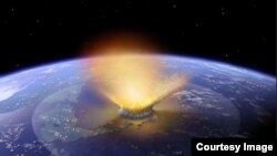 Artist's creation of the event involving an asteroid impact that scientists believe happened on Earth 65 million years ago. (Credit: NASA/Don Davis)