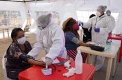 A health care worker takes a woman's pulse during a vaccine campaign for anyone over age 18, who are receiving doses of the COVID-19 vaccine, in El Alto, Bolivia, Aug. 14, 2021.