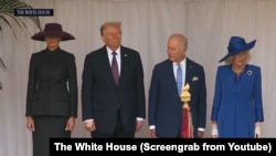 特朗普总统与第一夫人梅拉尼亚参加英国国务查尔斯与王后卡米拉举行的欢迎仪式。(白宫视频截图，2025年9月17日)