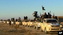 FILE - In this undated file photo released by a militant website, which has been verified and is consistent with other AP reporting, militants of the Islamic State group hold up their weapons and wave its flags on their vehicles in a convoy to Iraq, in Raqqa, Syria. 