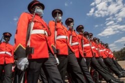 Members of the Malawi Defense Force march during a military parade at the inauguration of the country’s president-elect, Lazarus Chakwera, at the Kamuzu Baracks, the Malawi Defense Force Headquarters, in Lilongwe, July 6, 2020.