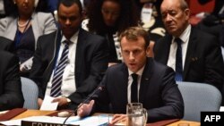 ប្រធានាធិបតី​បារាំង Emmanuel Macron ថ្លែង​នៅ​ក្នុង​ក្រុម​ប្រឹក្សា​សន្តិសុខ​​ស្តី​អំពី​ការ​ទប់​ស្កាត់​ការ​រីក​រាល​ដាល​អាវុធ​នុយក្លេអ៊ែរ នៅ​អ.ស.ប ក្នុង​បុរី​ញូវយ៉ក កាល​ពី​ថ្ងៃទី​២៦ កញ្ញា ២០១៨។