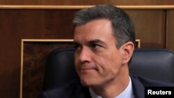 FILE - Spanish Prime Minister Pedro Sanchez speaks during a media conference at an EU summit in Brussels, July 2, 2019. 