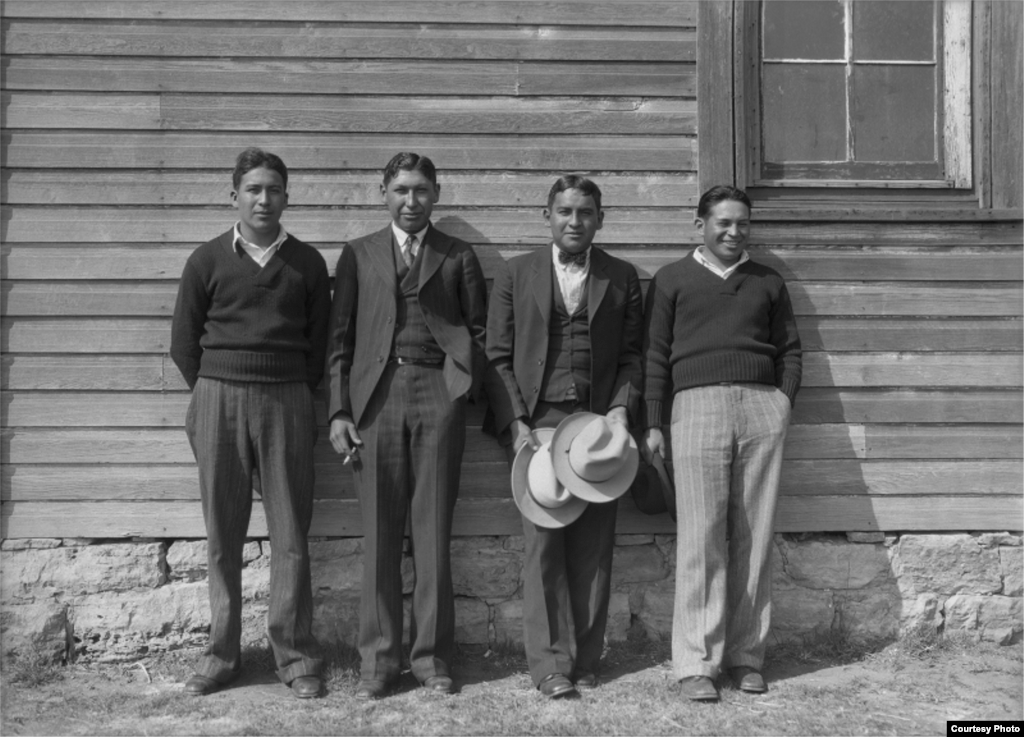 The deacons of Rainy Mountain Baptist Church. Left to right: Adolphus Goombi (Kiowa), Lester Momaday (Kiowa), Robert Goombi (Kiowa), Porter Drywater (Cherokee). Rainy Mountain Church, Mountain View, Oklahoma, ca. 1930. 57PN12. © 2014 Estate of Horace Pool