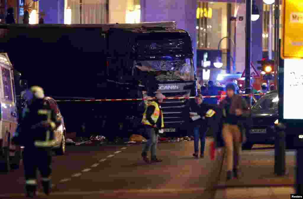 A truck is seen near the Christmas market in Berlin, Germany, Dec. 19, 2016.