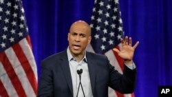 FILE - Democratic presidential candidate Sen. Cory Booker, D-N.J., speaks at the Democratic National Committee's summer meeting, Aug. 23, 2019, in San Francisco.