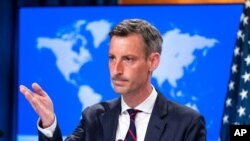 FILE - State Department spokesperson Ned Price speaks during a media briefing at the State Department, July 7, 2021.