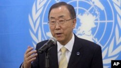 FILE - United Nations Secretary-General Ban Ki-moon speaks to the media.