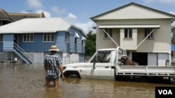 Seorang warga memandangi mobil yang terjebak banjir di pinggiran kota Brisbane, Rabu, 12 Januari 2011.
