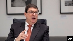 FILE - Cuban Foreign Minister Bruno Rodriguez Parrilla talks during an interview with The Associated Press, Oct. 1, 2019 in New York. 